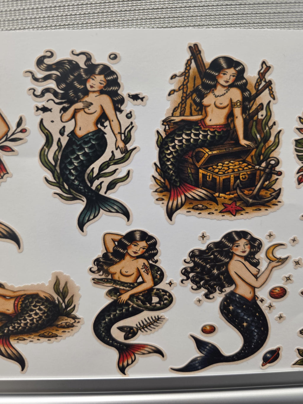 Mermaid Tattoo Flash Sticker Sheet: Mermaid,Nautical,  Pin up, Flash, Traditional art style