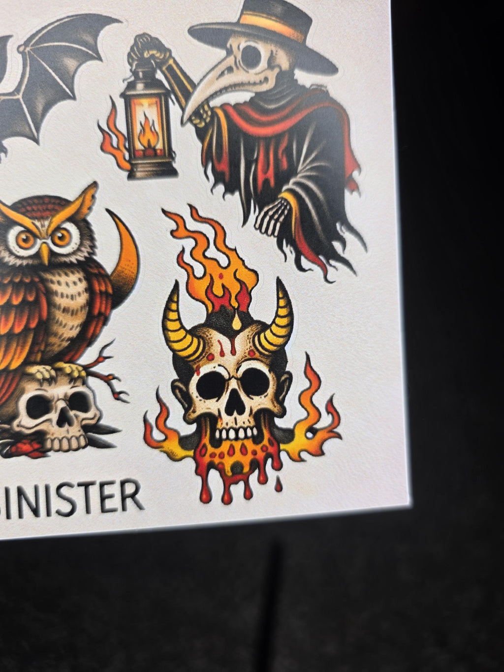 Sinister Tattoo Flash Sticker Sheet | Dark Gothic Skulls & Occult Art | Traditional Horror Stickers