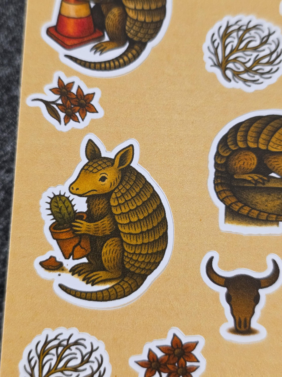 Armadillo Sticker Sheet – Cowboy Chaos, Self-Help Armadillo, Cactus Buddies & Tumbleweeds | 4×6 Western Flash
