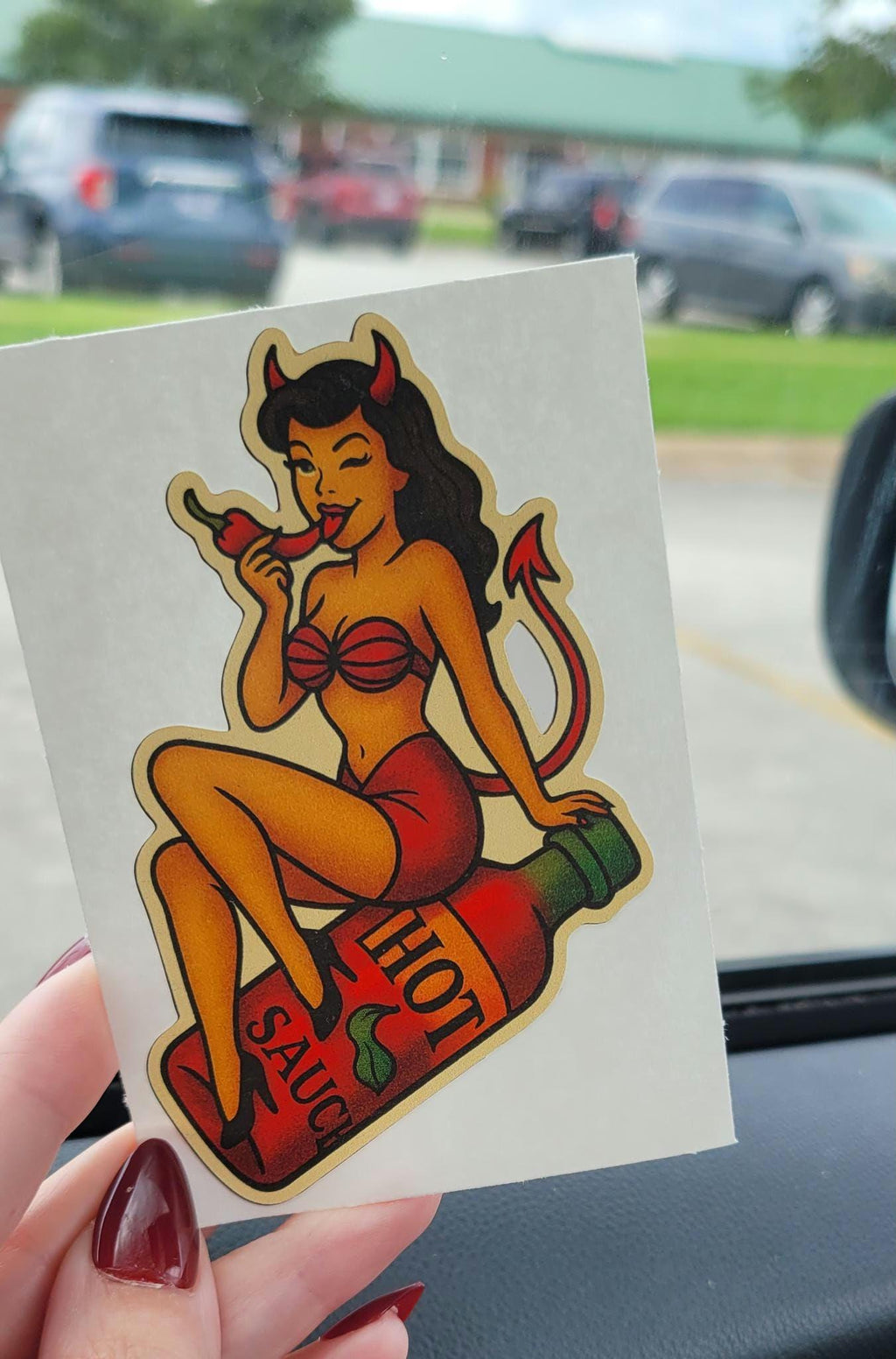 Spicy Devil Girl Sticker: Retro Tattoo Flash Pin-Up Decal