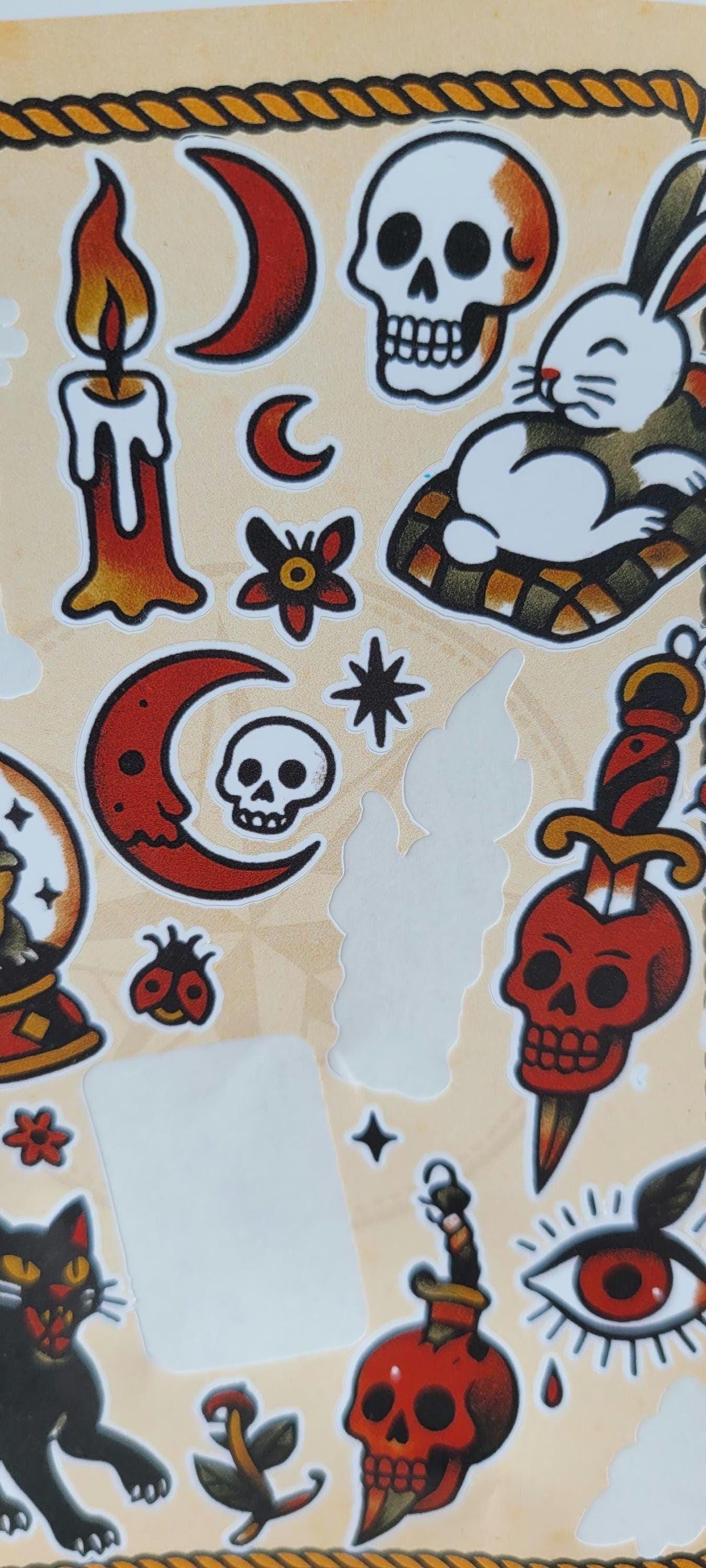 Witchy Tattoo Flash Sticker Sheet: Occult Cats, Skulls, Tarot
