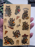 Traditional style michivious Raccoon sticker sheet-Raccoons, noodle cups, bones,pizza
