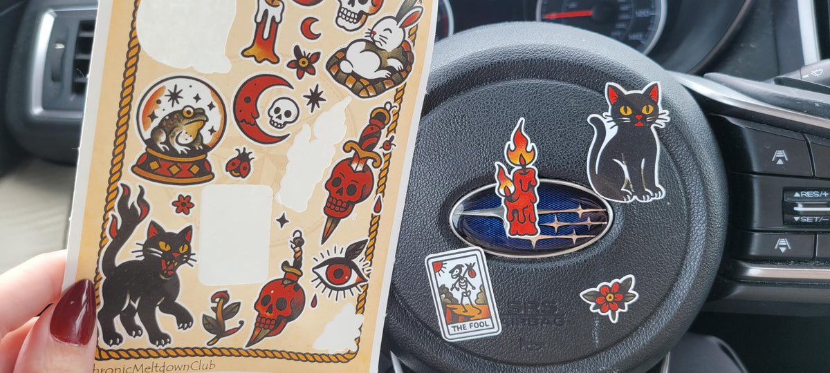 Witchy Tattoo Flash Sticker Sheet: Occult Cats, Skulls, Tarot