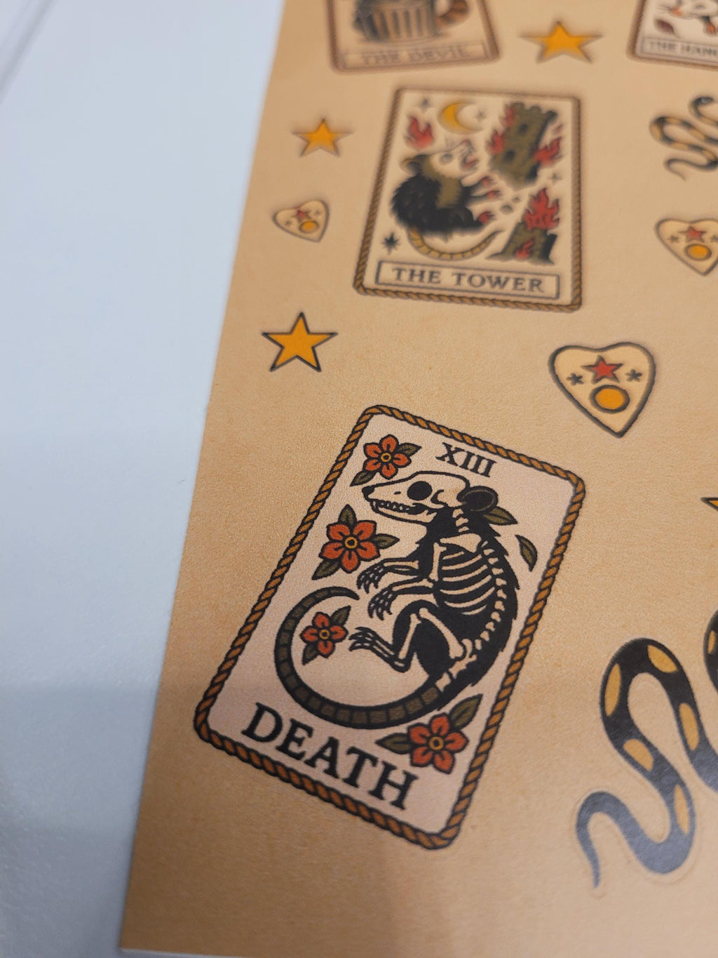 Witchy Tarot Critter Flash Sticker Sheet: Occult Cats, Skulls, Tarot, bones, snakes