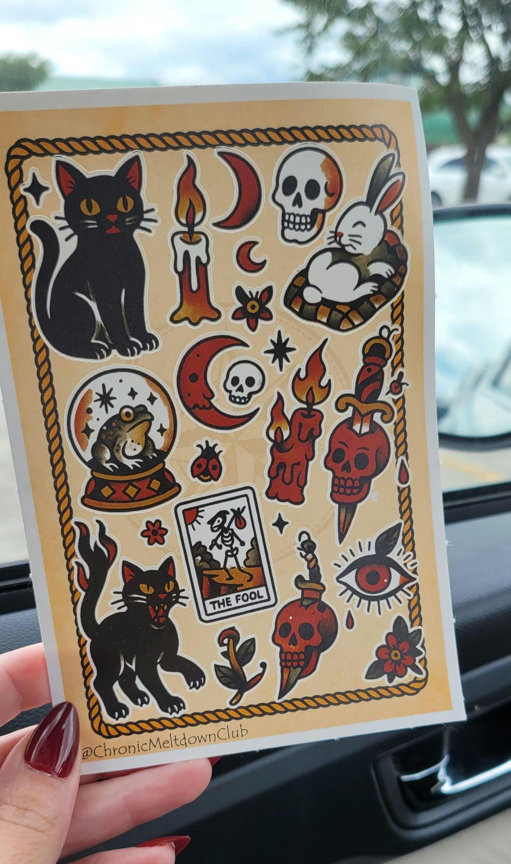 Witchy Tattoo Flash Sticker Sheet: Occult Cats, Skulls, Tarot
