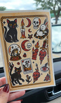 Witchy Tattoo Flash Sticker Sheet: Occult Cats, Skulls, Tarot