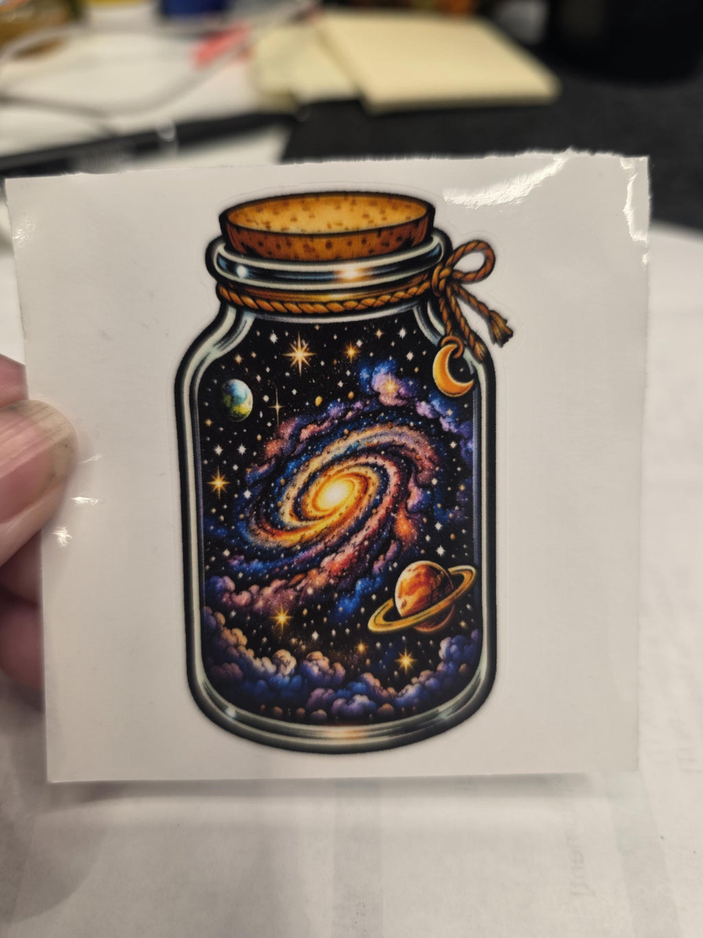 Clear Vinyl Galaxy Jar Sticker | Cosmic Swirls, Planets, Stars Decal