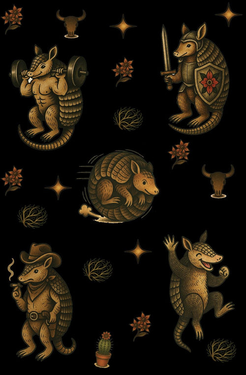 Armadillo Flash Sticker Sheet – Cowboy, Knight, Weightlifting, Rolling Dillo | 4×6 Western Tattoo Style