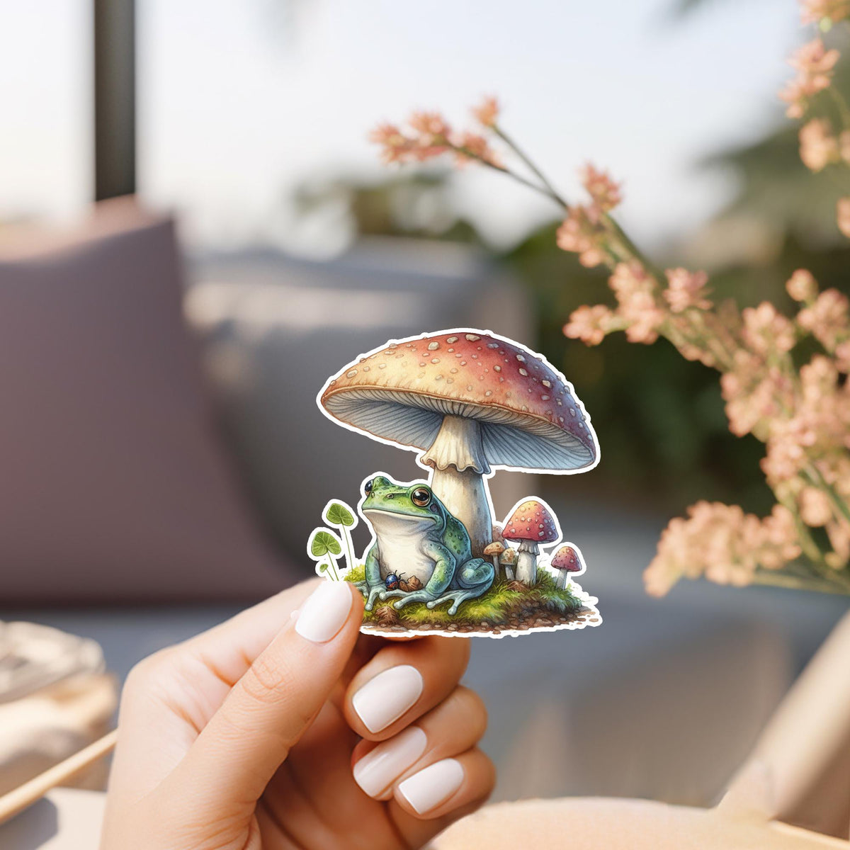 Frog and Mushrooms Vinyl Sticker: Cottagecore Laptop Decal