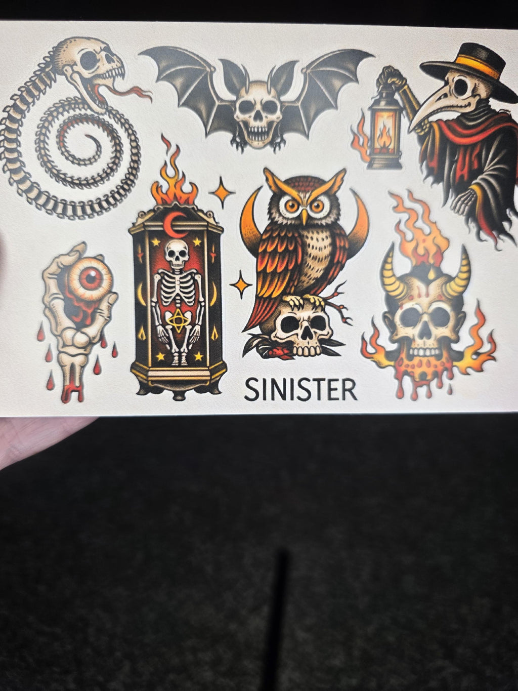 Sinister Tattoo Flash Sticker Sheet | Dark Gothic Skulls & Occult Art | Traditional Horror Stickers