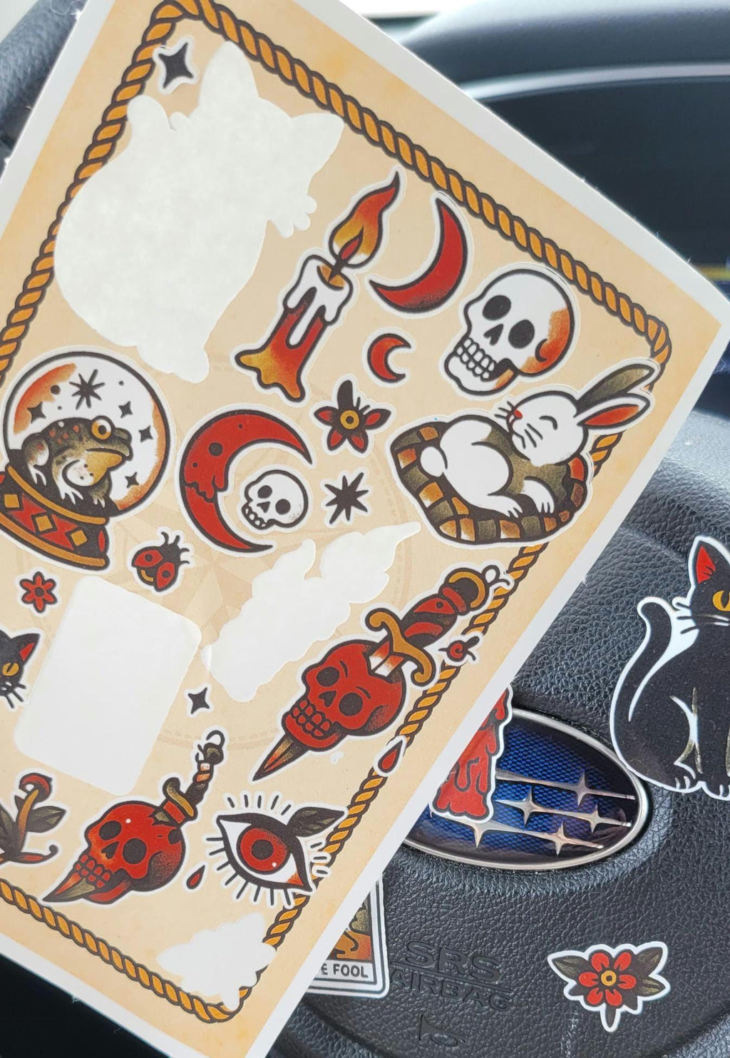 Witchy Tattoo Flash Sticker Sheet: Occult Cats, Skulls, Tarot