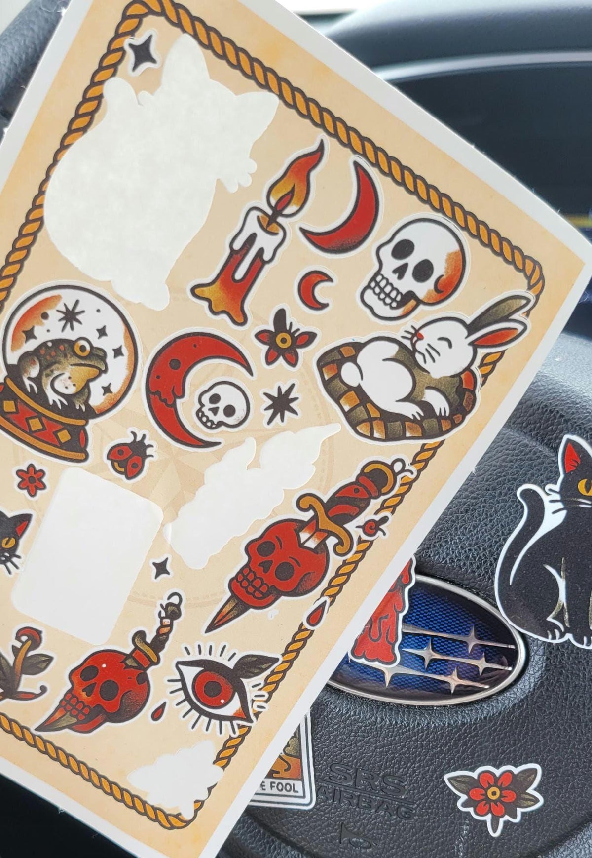 Witchy Tattoo Flash Sticker Sheet: Occult Cats, Skulls, Tarot