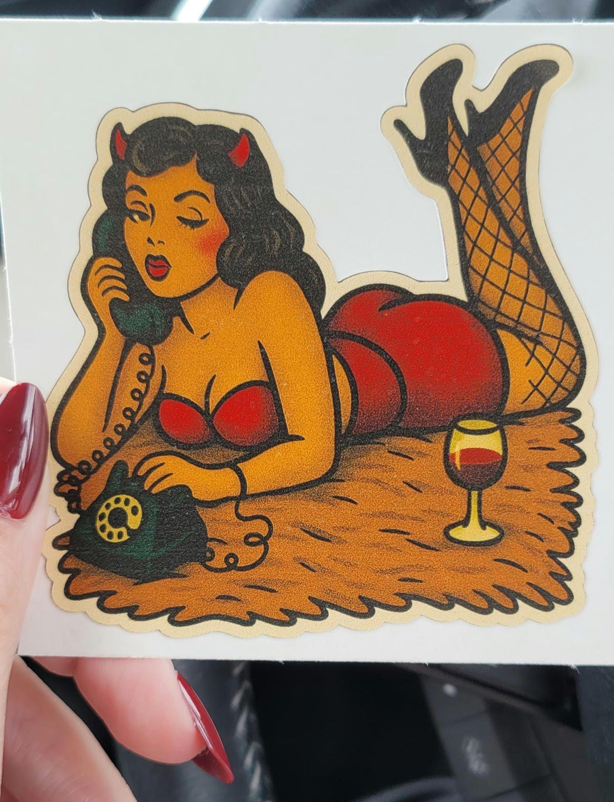 Vintage Tattoo Devil Pin-Up Girl Sticker: Retro Vinyl Decal