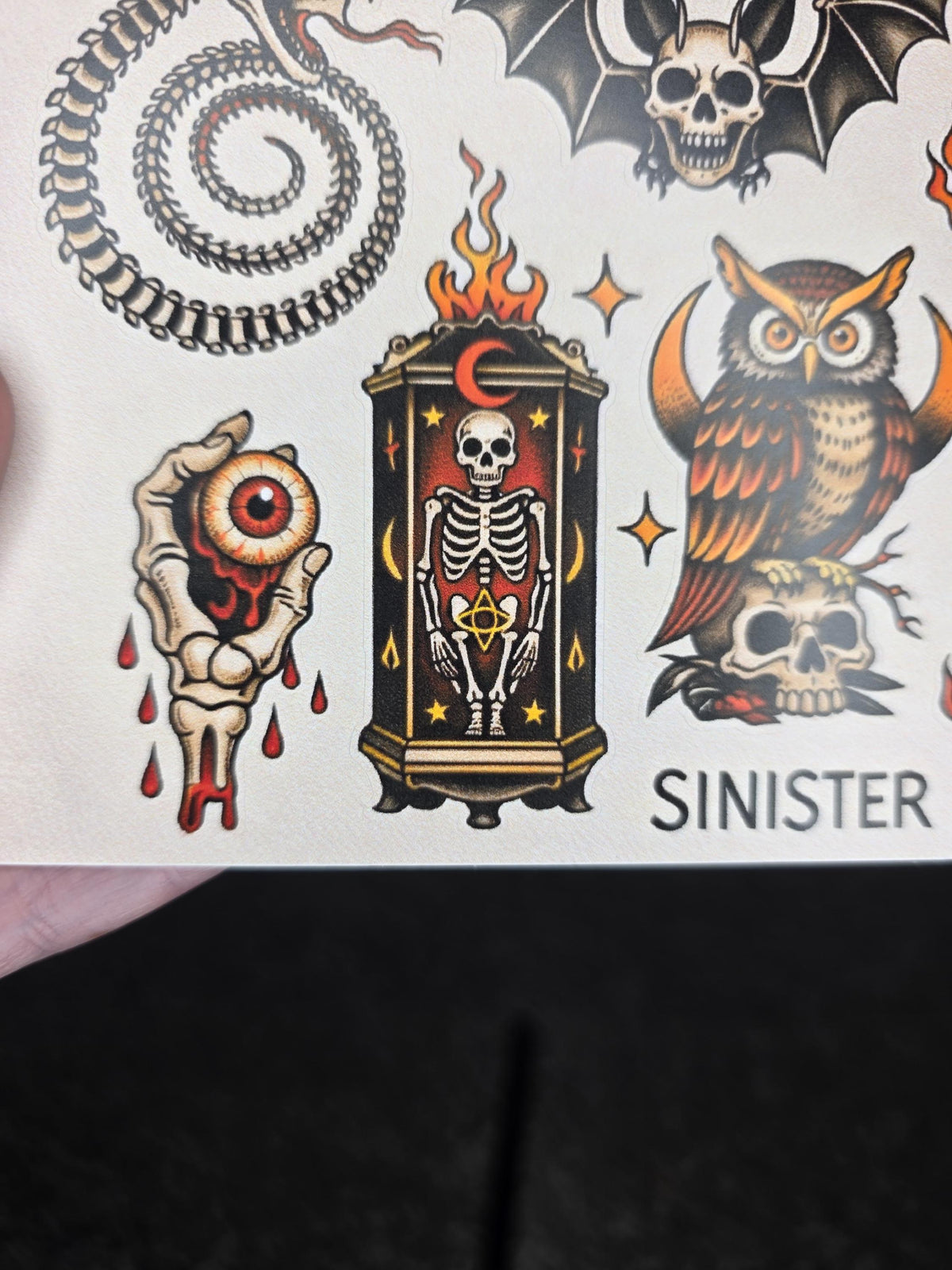 Sinister Tattoo Flash Sticker Sheet | Dark Gothic Skulls & Occult Art | Traditional Horror Stickers