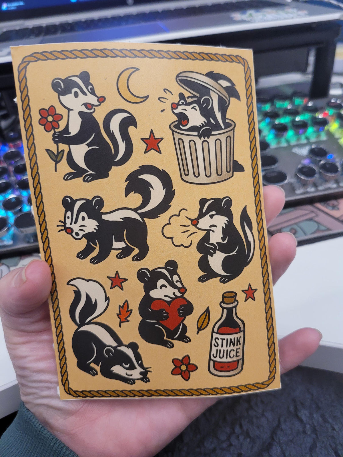 Skunk Traditional Style Sticker sheet- hearts,stars, skunks