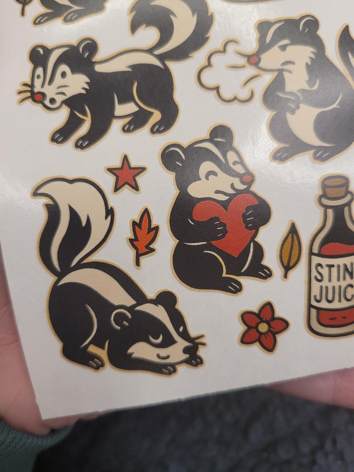 Skunk Traditional Style Sticker sheet- hearts,stars, skunks