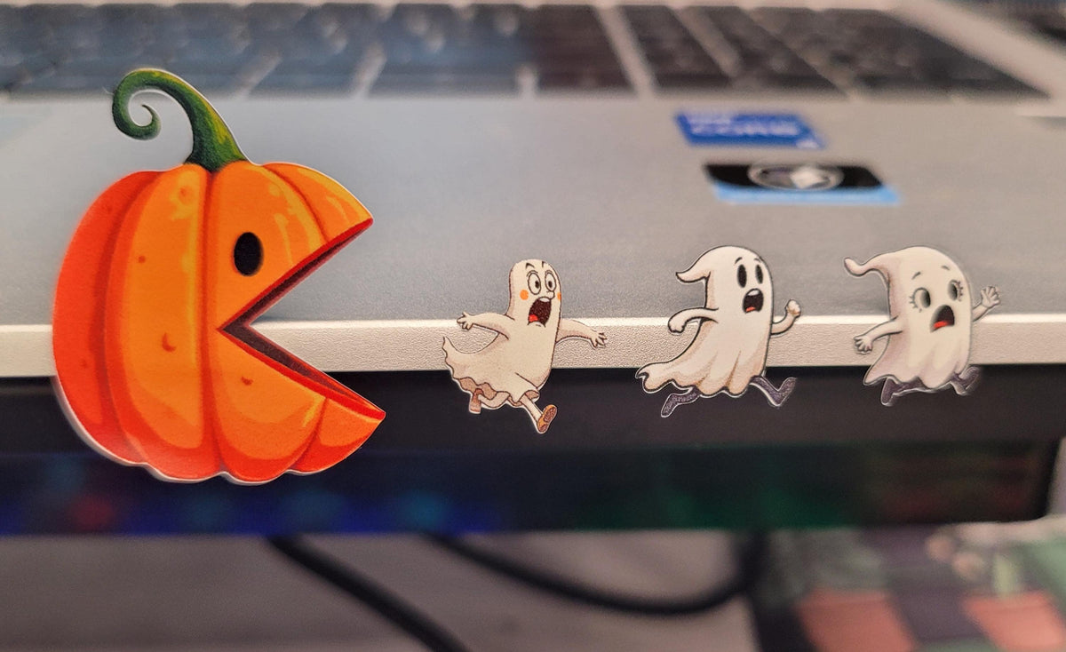 Pumpkin Pac-Man Halloween Sticker: Funny Retro Gaming Decal