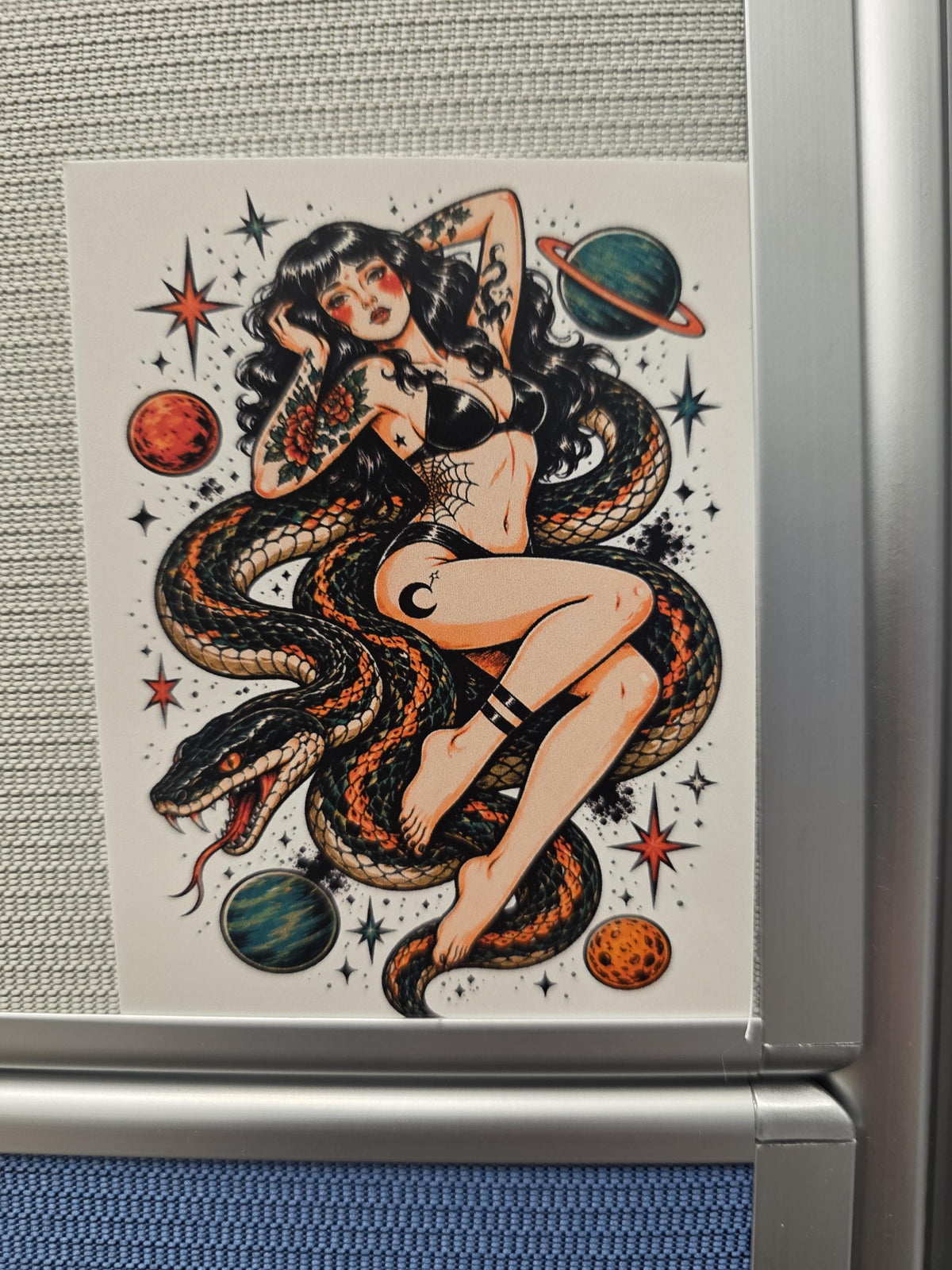 Cosmic Snake Goddess Sticker | Tattoo Flash Pin-Up Vinyl Sticker | Witchy Space Babe Art | Dark Feminine Traditional Tattoo Style Decal