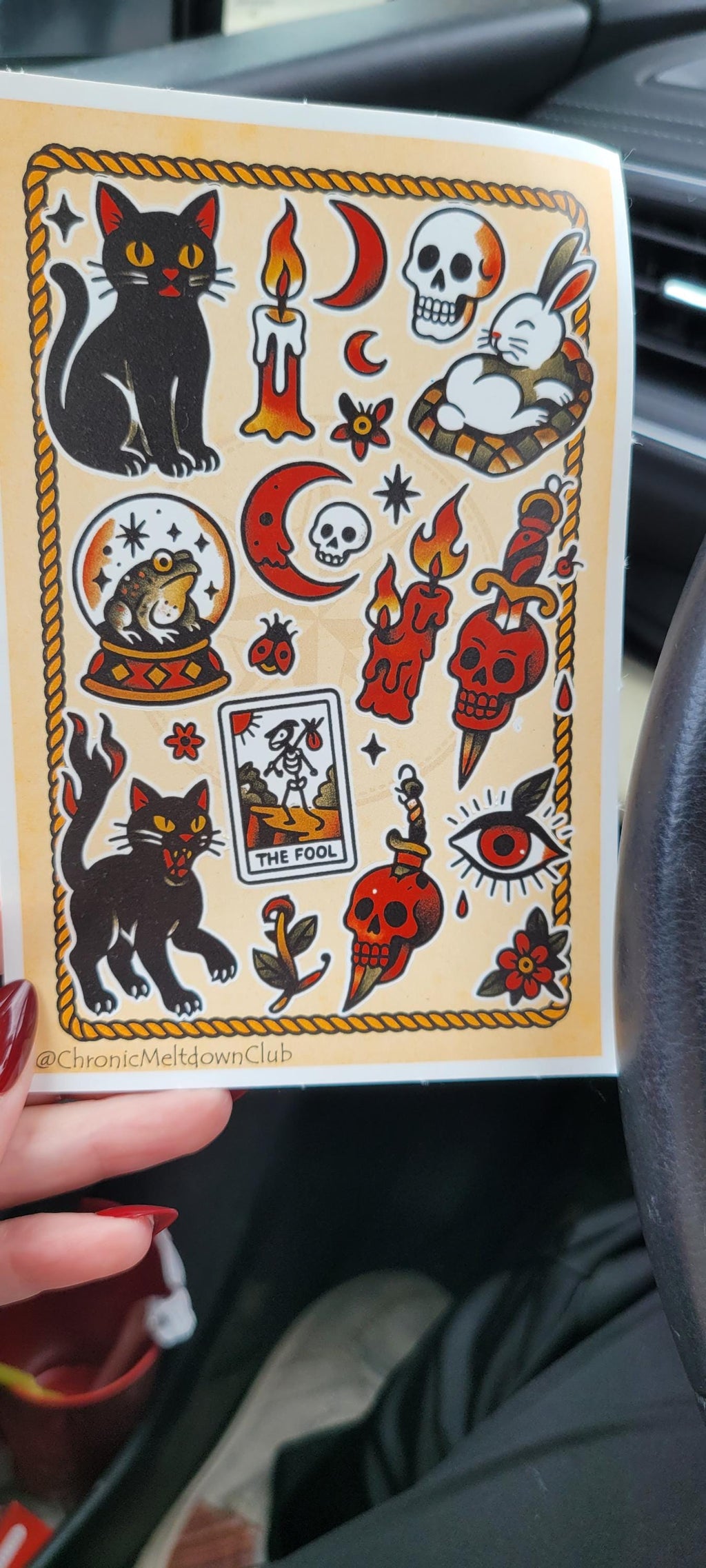Witchy Tattoo Flash Sticker Sheet: Occult Cats, Skulls, Tarot