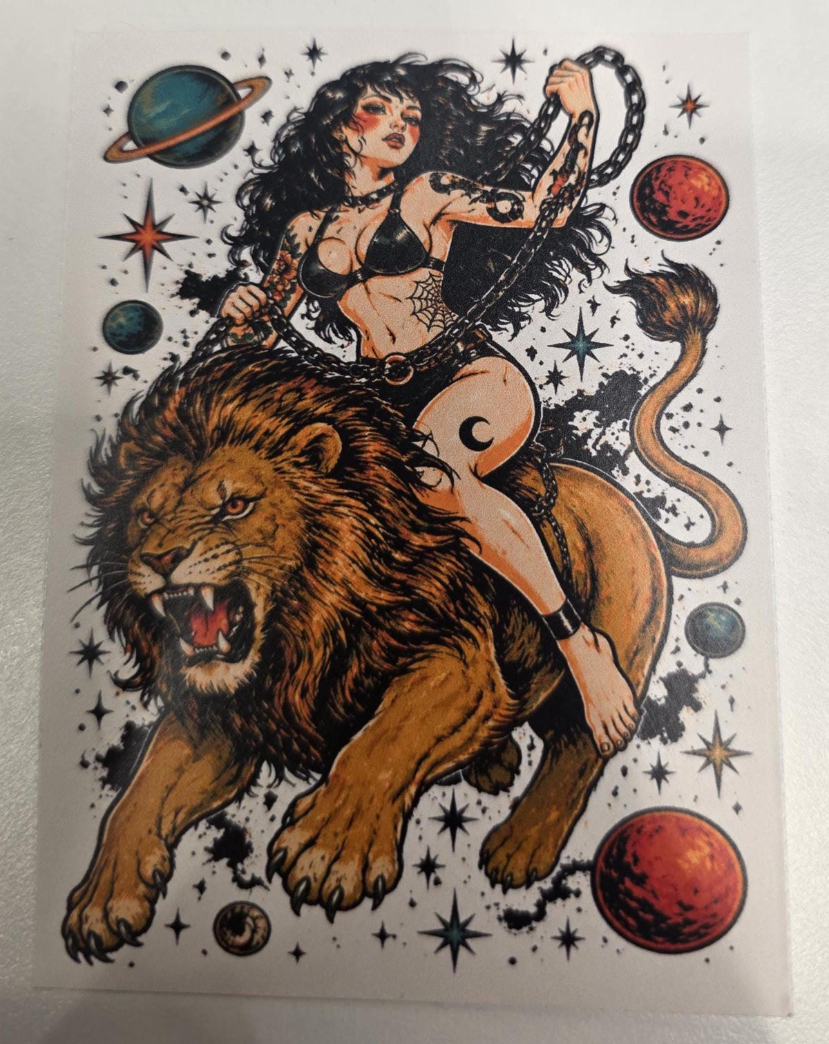 Cosmic Lion Rider Sticker | Dark Feminine Tattoo Flash Vinyl Sticker | Witchy Space Cowgirl Pin-Up Art | Celestial Lion Decal