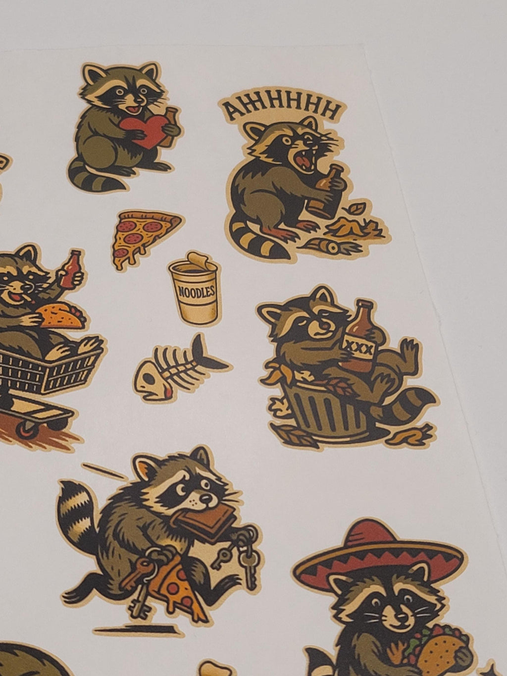 Traditional style michivious Raccoon sticker sheet-Raccoons, noodle cups, bones,pizza
