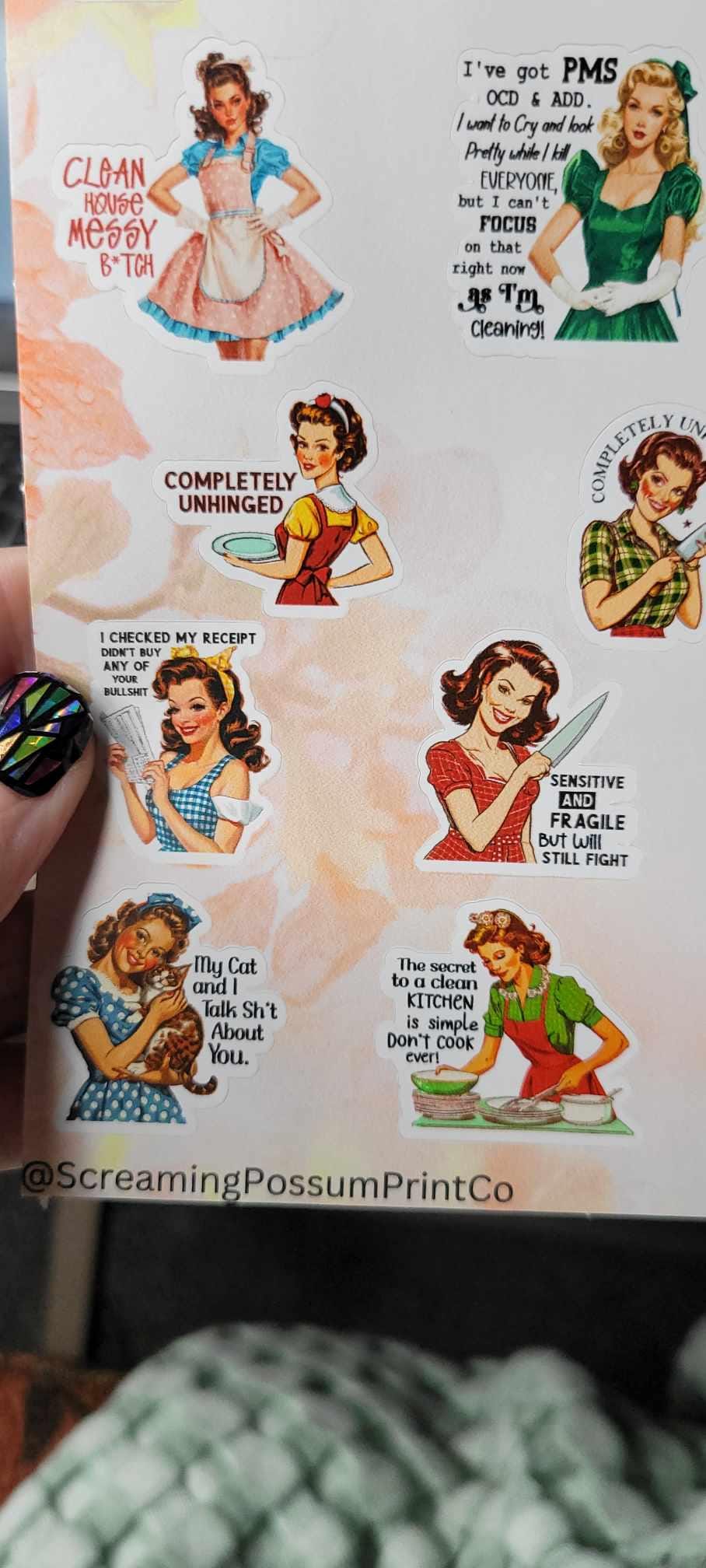 Retro Pin-Up Sarcastic Sticker Sheet: Waterproof Vinyl Stickers