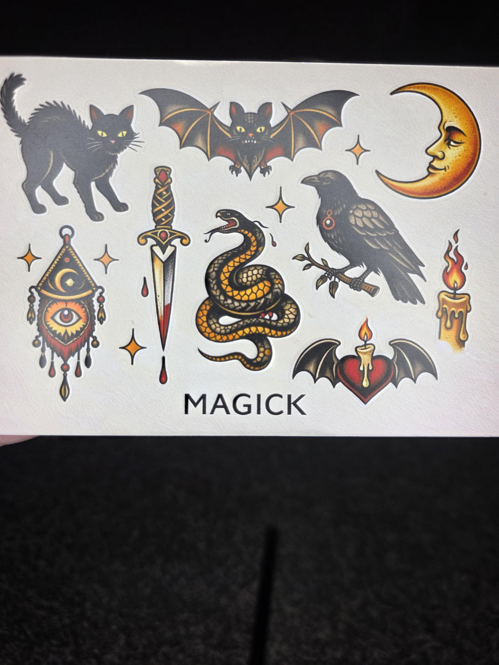 Witchy Tattoo Flash Stickers | Black Cat, Bat, Snake, Moon Designs