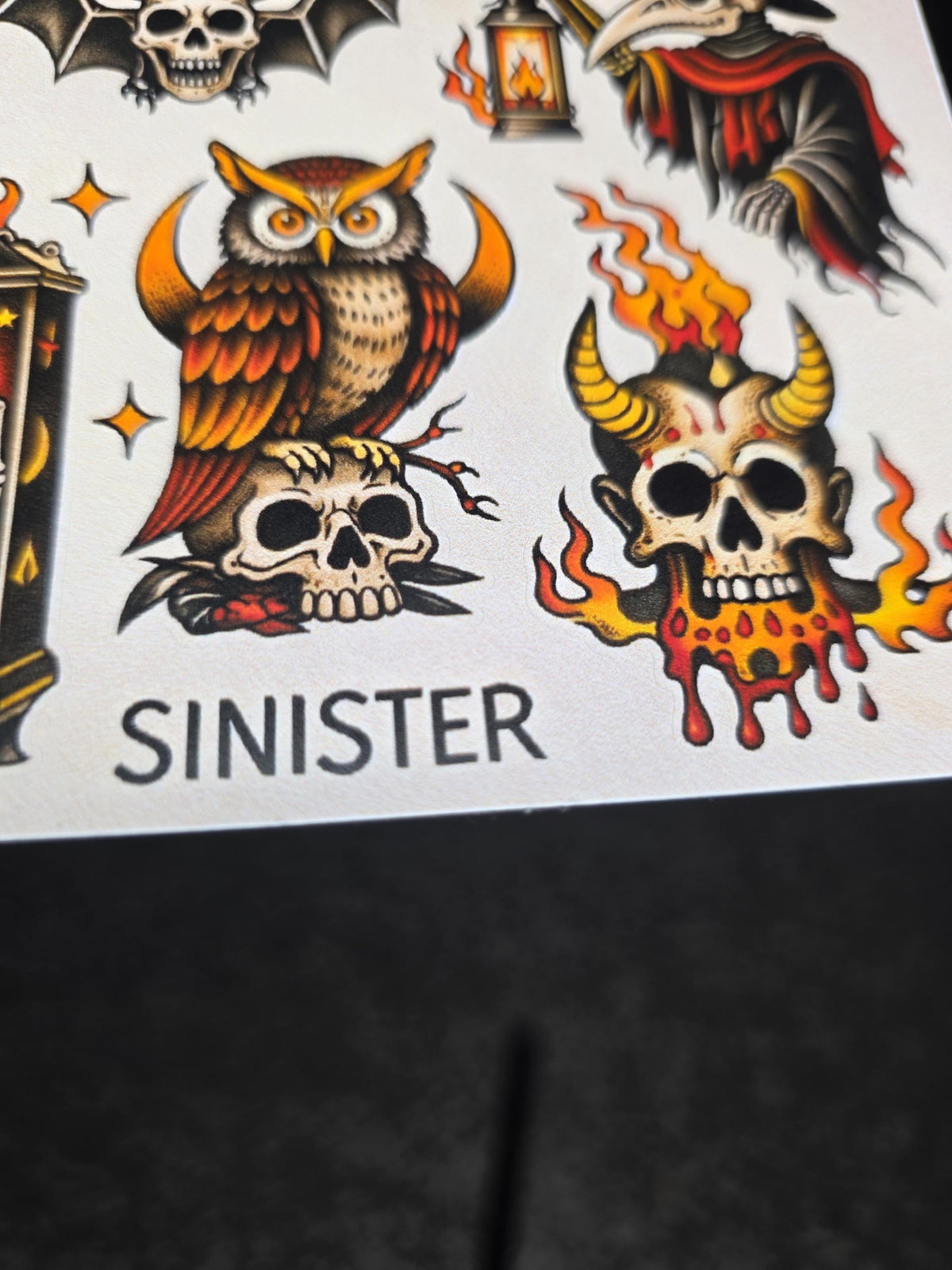 Sinister Tattoo Flash Sticker Sheet | Dark Gothic Skulls & Occult Art | Traditional Horror Stickers