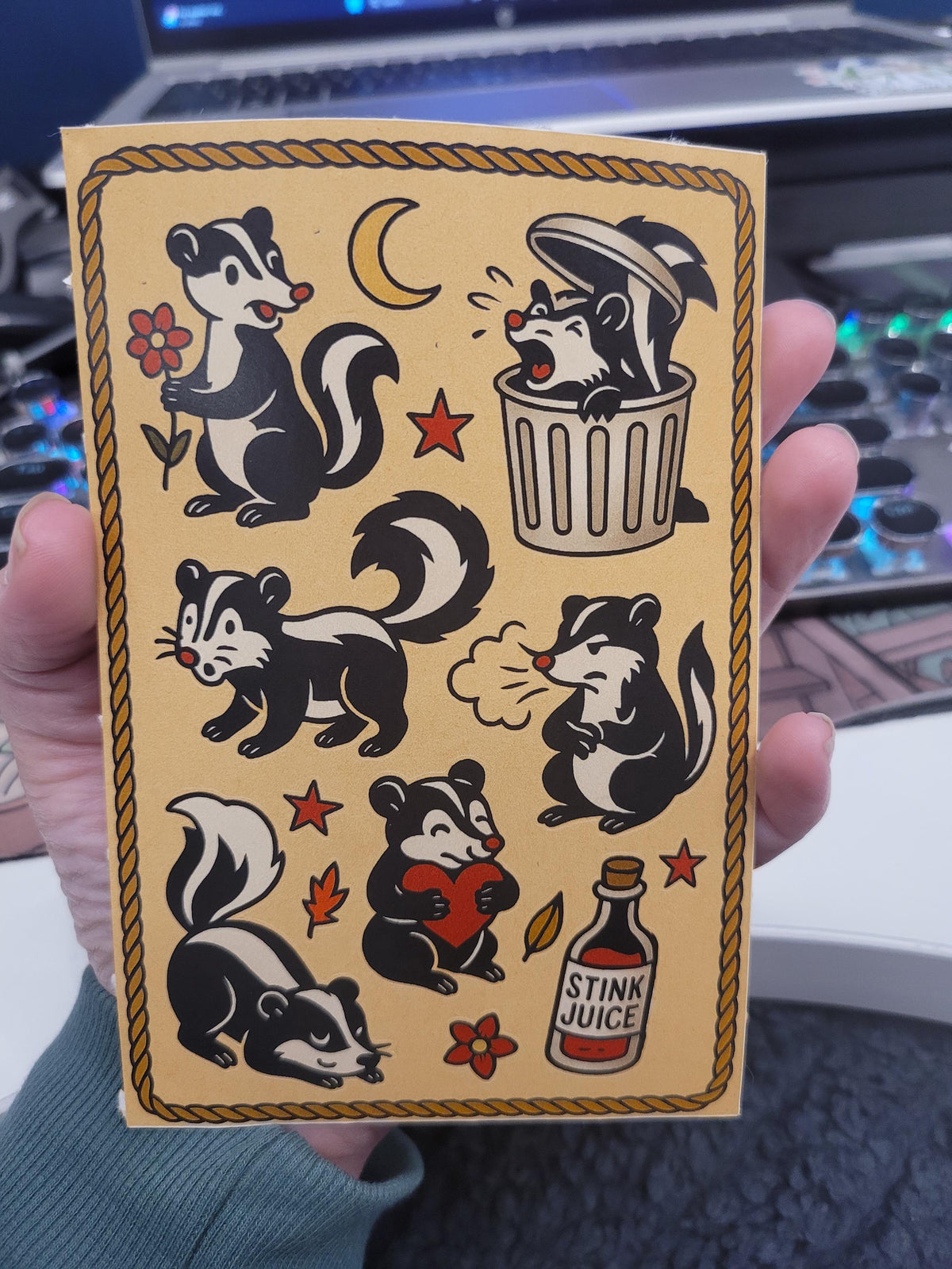 Skunk Traditional Style Sticker sheet- hearts,stars, skunks