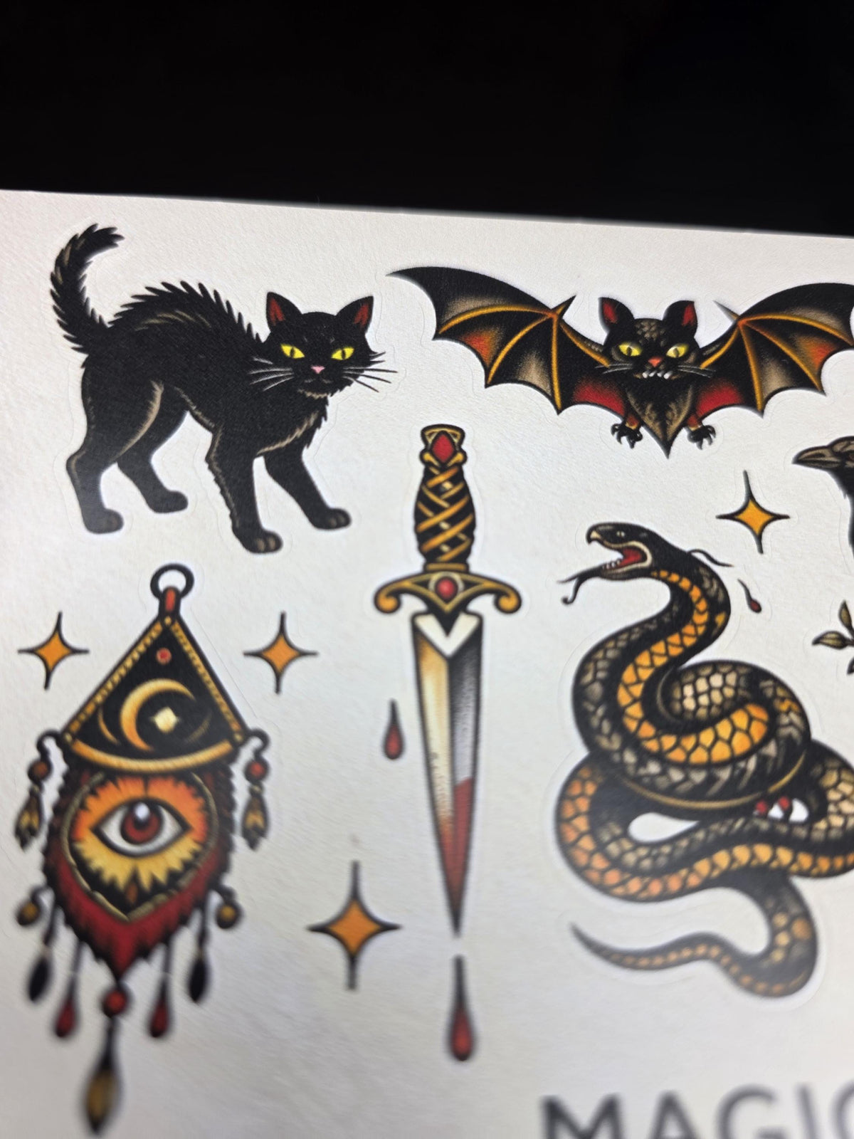 Witchy Tattoo Flash Stickers | Black Cat, Bat, Snake, Moon Designs