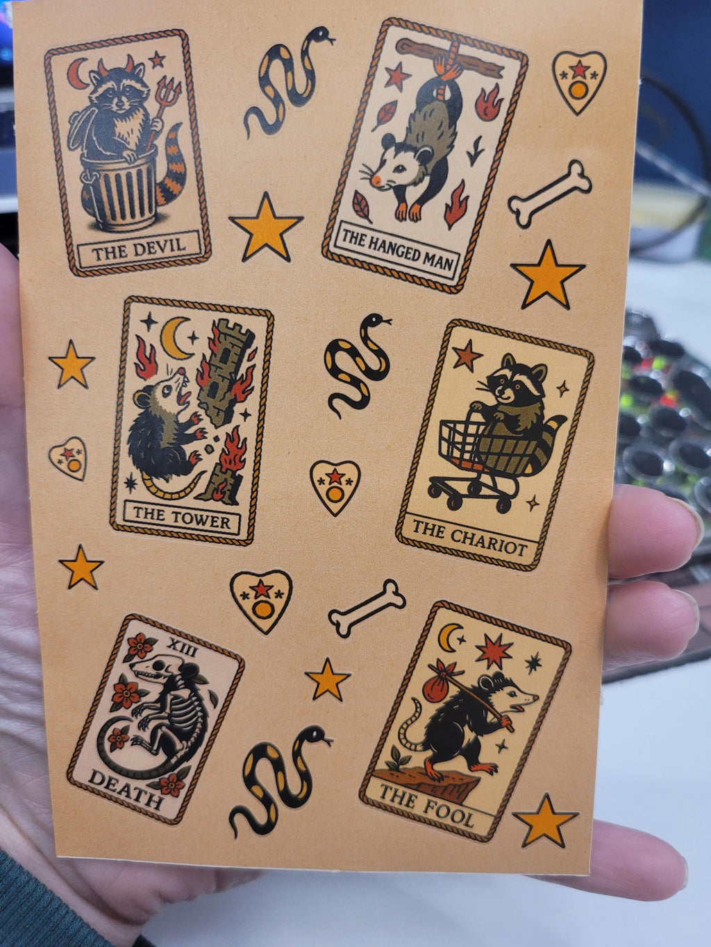 Witchy Tarot Critter Flash Sticker Sheet: Occult Cats, Skulls, Tarot, bones, snakes