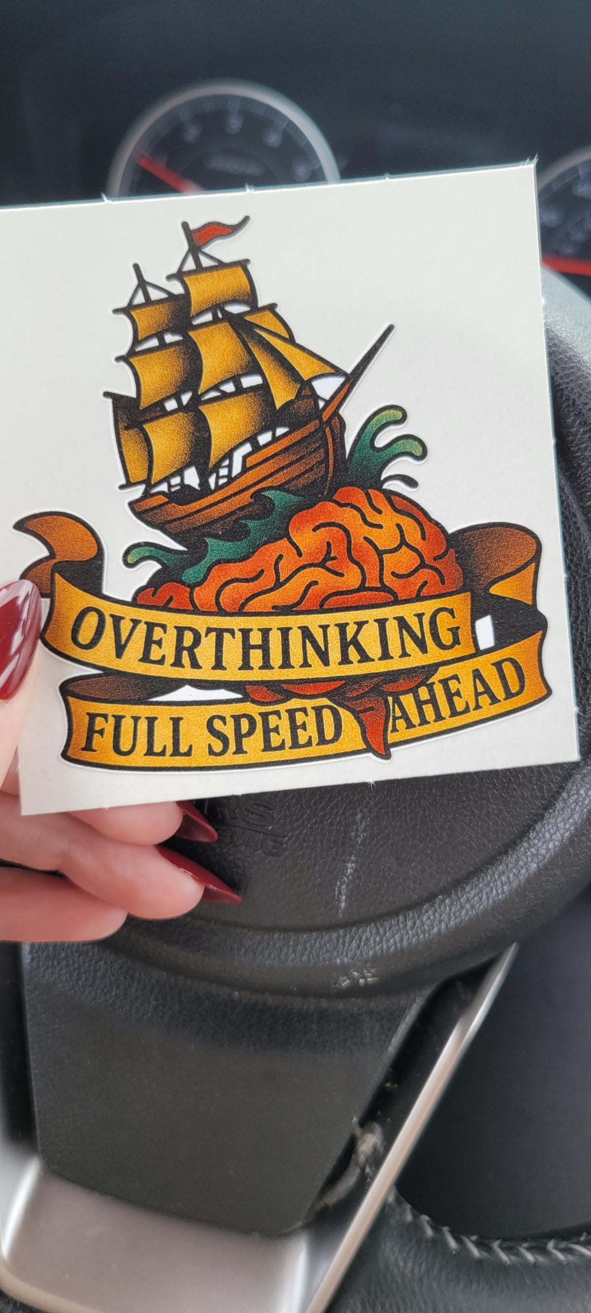 Funny Overthinking Sticker: Brain Ship Tattoo Vinyl Decal