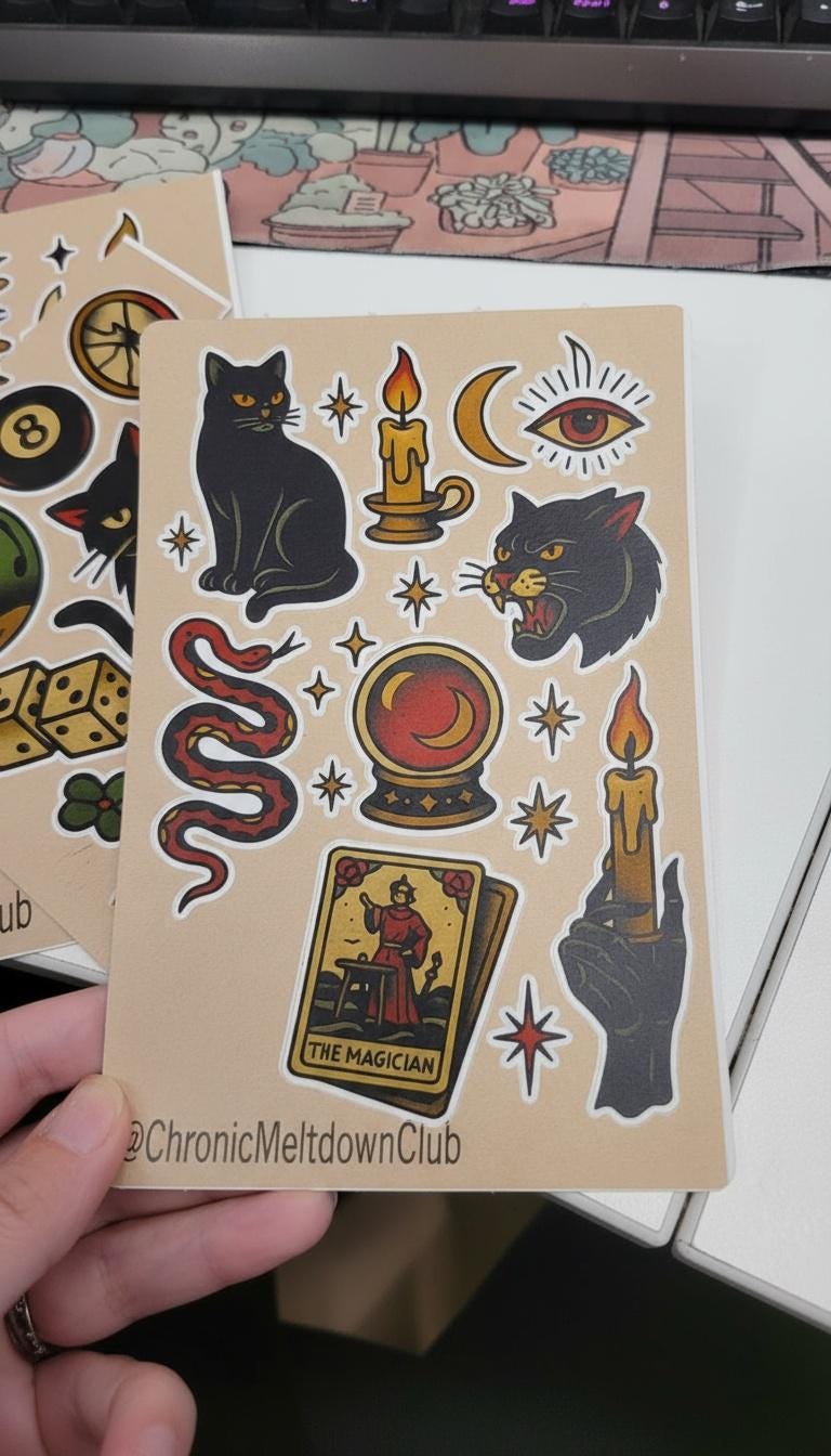 Witchy Tattoo Flash Sticker Sheet: Occult Cats, snake, Tarot, Stars