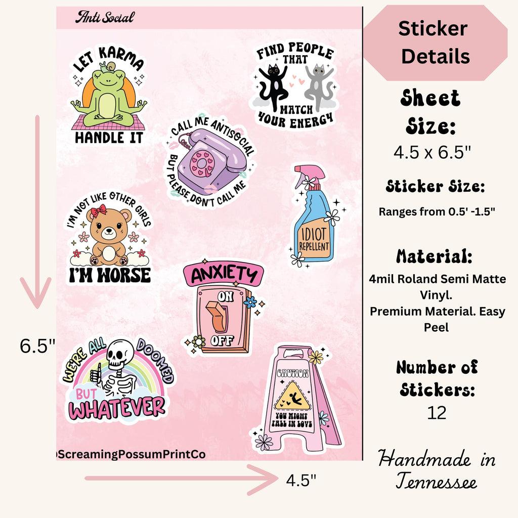 Anti Social Sarcastic Sticker Sheet: Adult Humor Vinyl Decals
