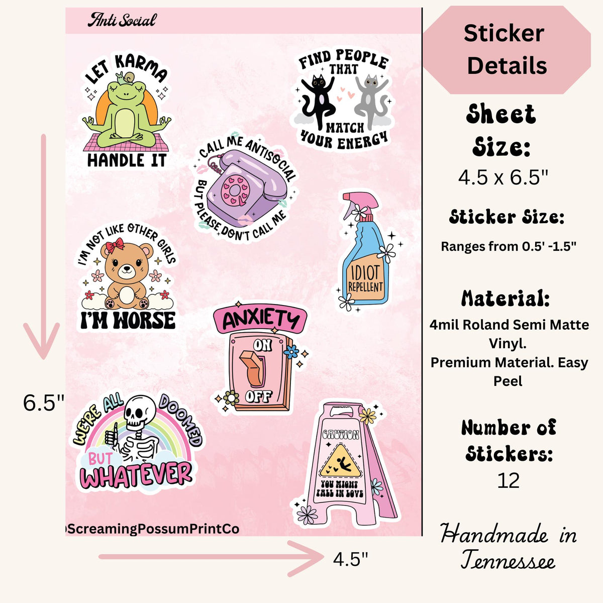 Anti Social Sarcastic Sticker Sheet: Adult Humor Vinyl Decals