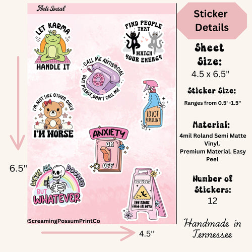 Anti Social Sarcastic Sticker Sheet: Adult Humor Vinyl Decals