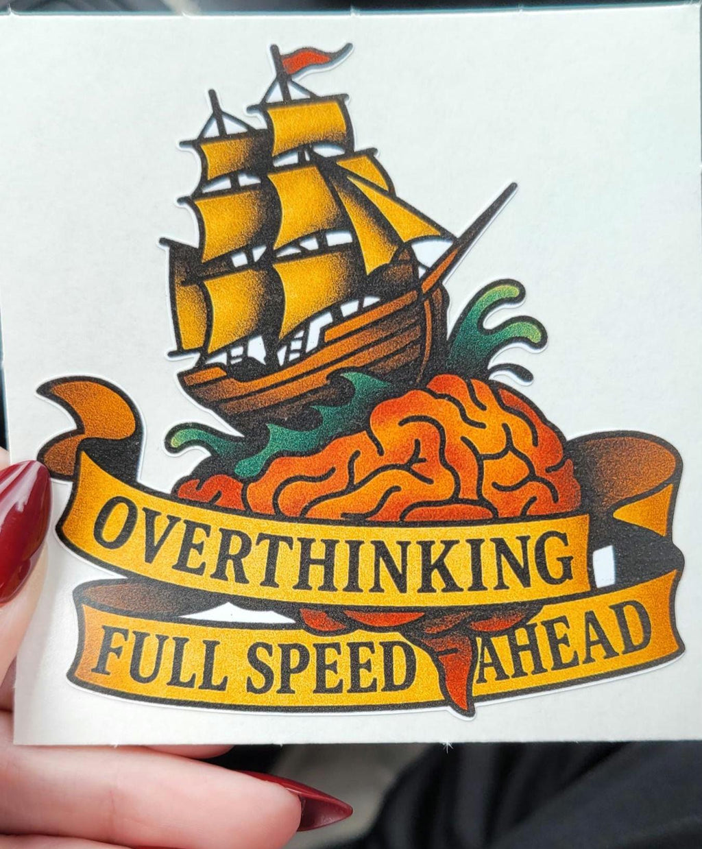 Funny Overthinking Sticker: Brain Ship Tattoo Vinyl Decal