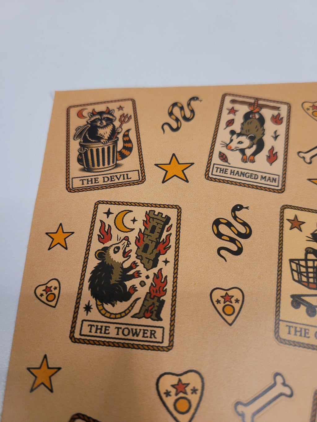 Witchy Tarot Critter Flash Sticker Sheet: Occult Cats, Skulls, Tarot, bones, snakes
