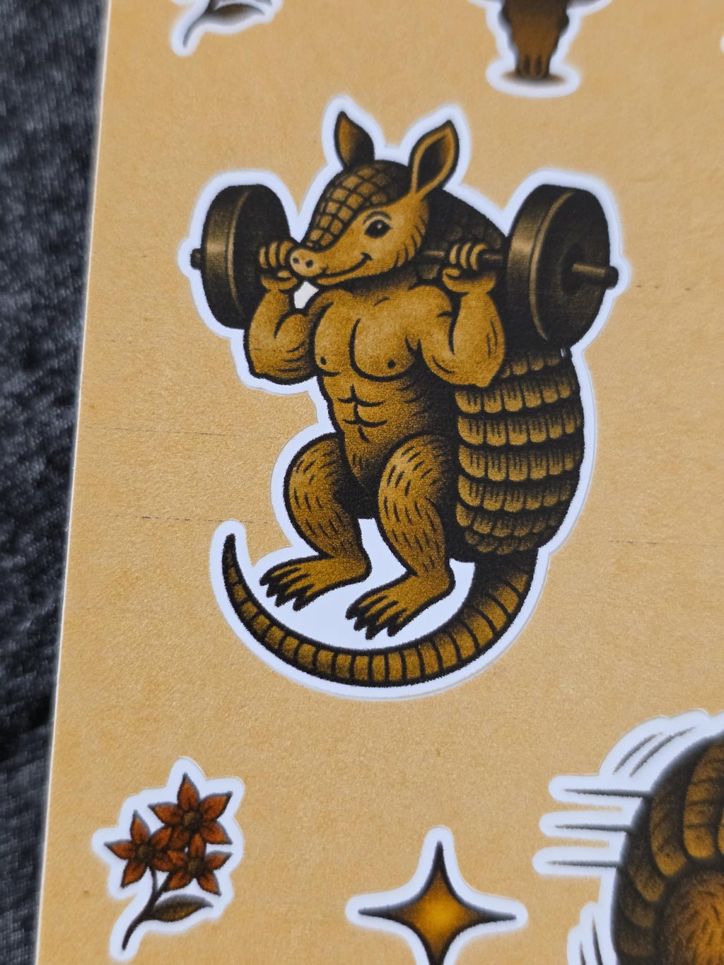 Armadillo Flash Sticker Sheet – Cowboy, Knight, Weightlifting, Rolling Dillo | 4×6 Western Tattoo Style