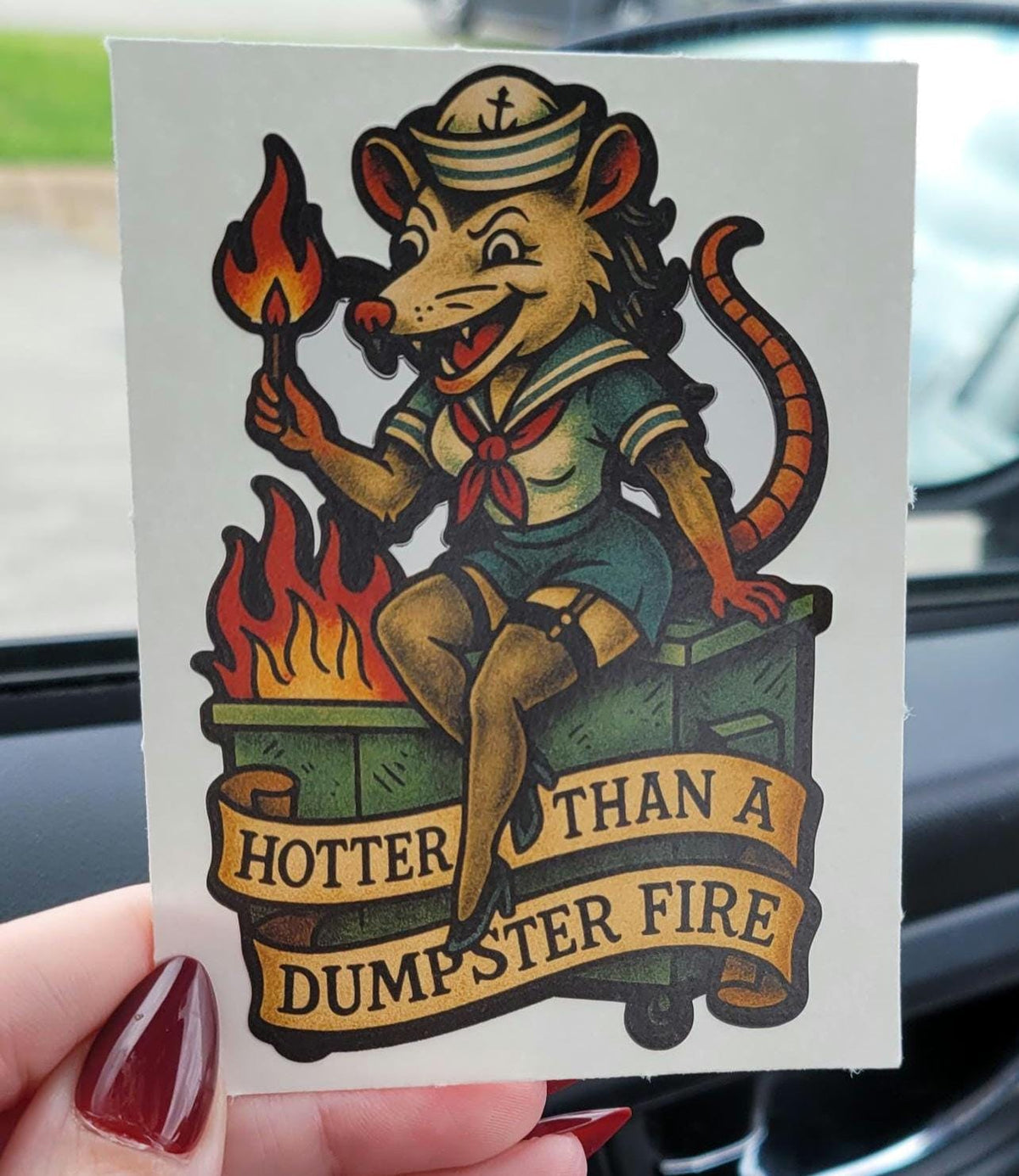 Funny Possum Pin-Up Sticker: Hotter Than a Dumpster Fire Vinyl Decal