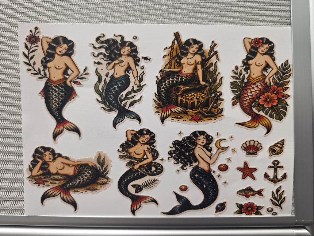 Mermaid Tattoo Flash Sticker Sheet: Mermaid,Nautical,  Pin up, Flash, Traditional art style