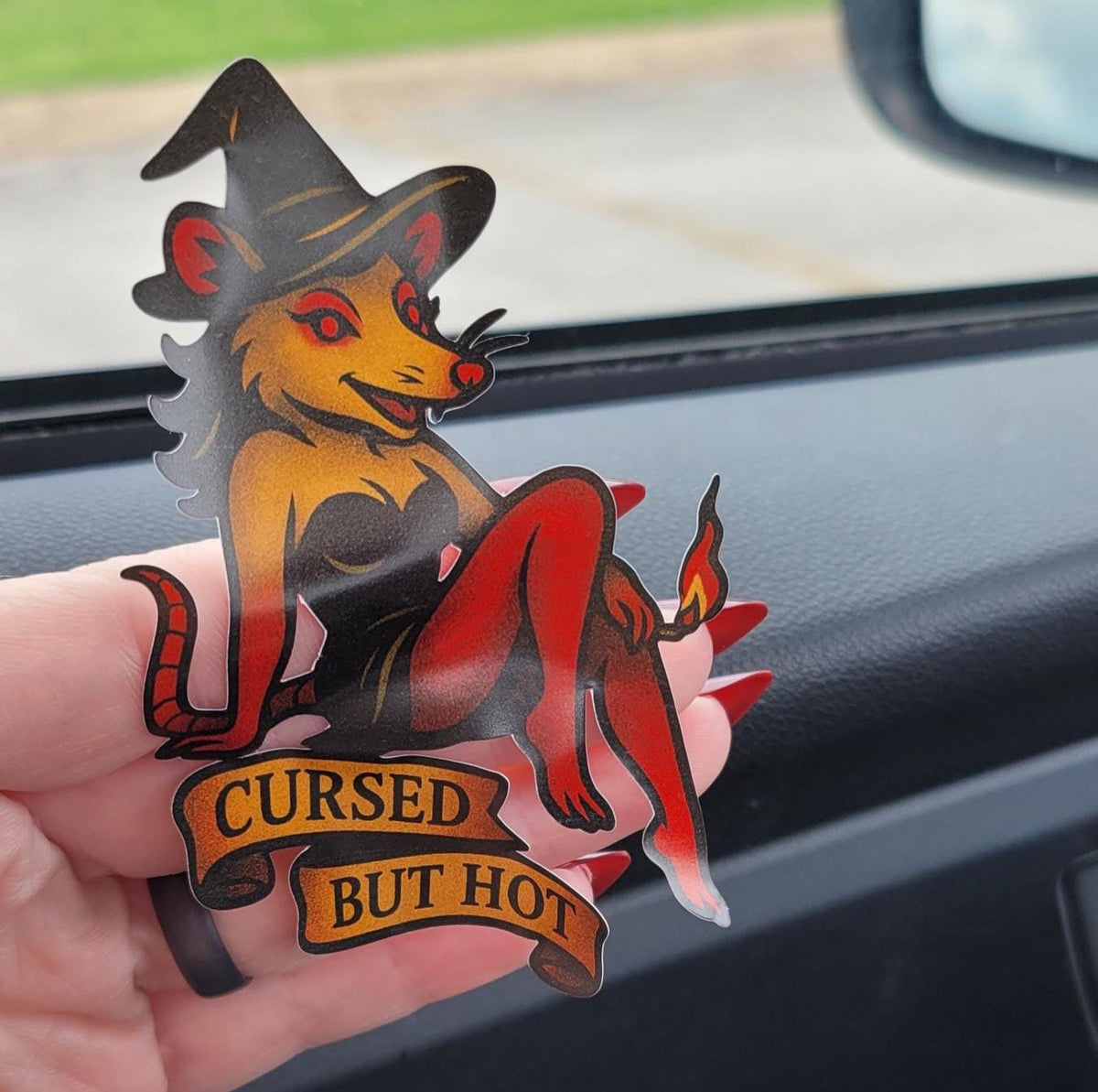 Cursed But Hot Possum Sticker: Witchy Goth Pin-Up Vinyl Decal