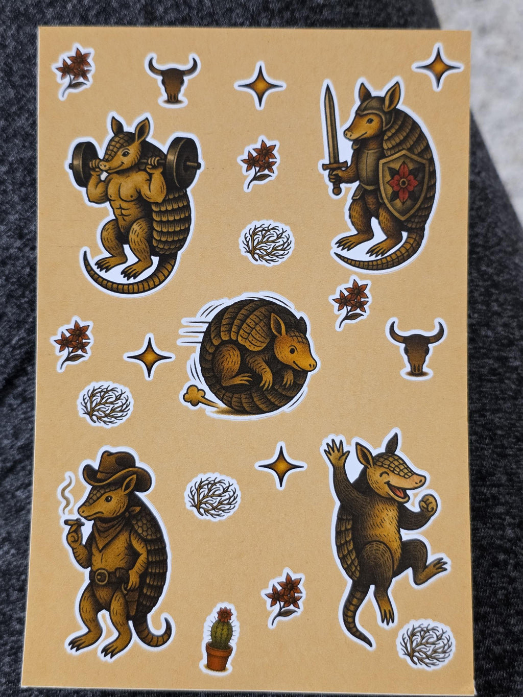 Armadillo Flash Sticker Sheet – Cowboy, Knight, Weightlifting, Rolling Dillo | 4×6 Western Tattoo Style