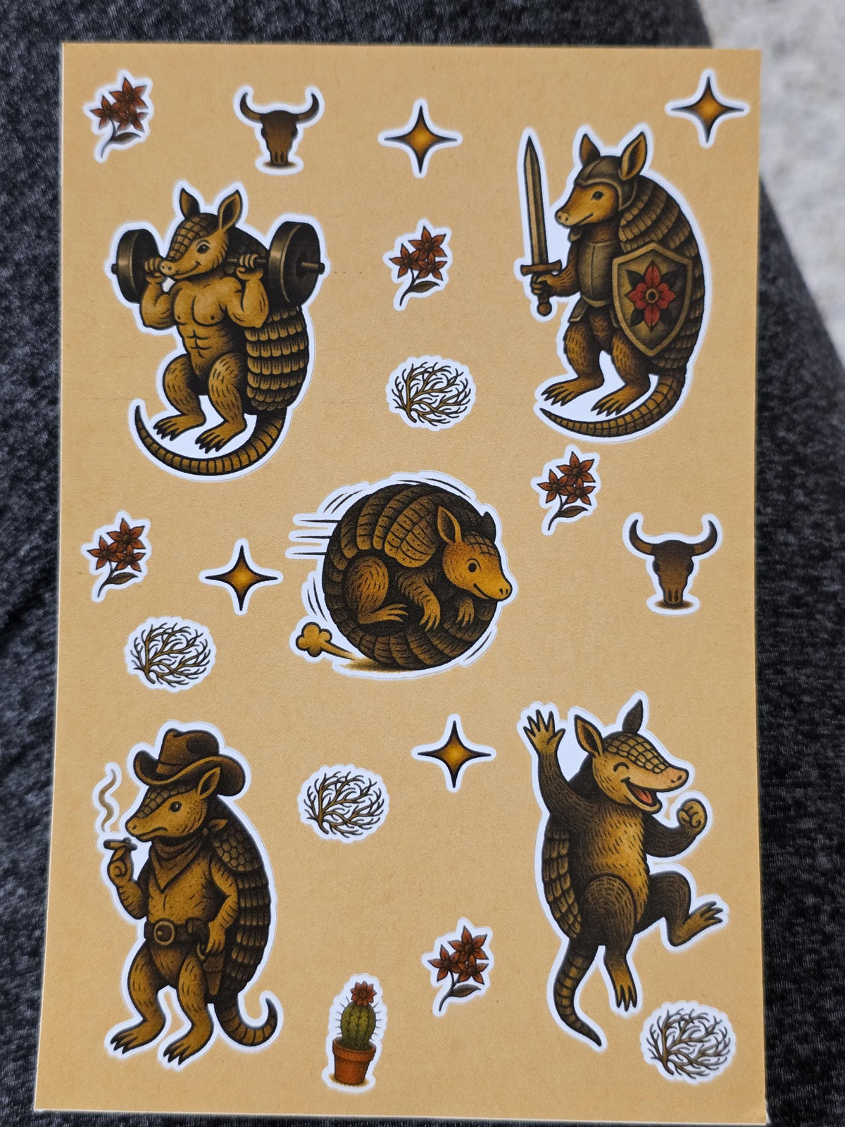 Armadillo Flash Sticker Sheet – Cowboy, Knight, Weightlifting, Rolling Dillo | 4×6 Western Tattoo Style