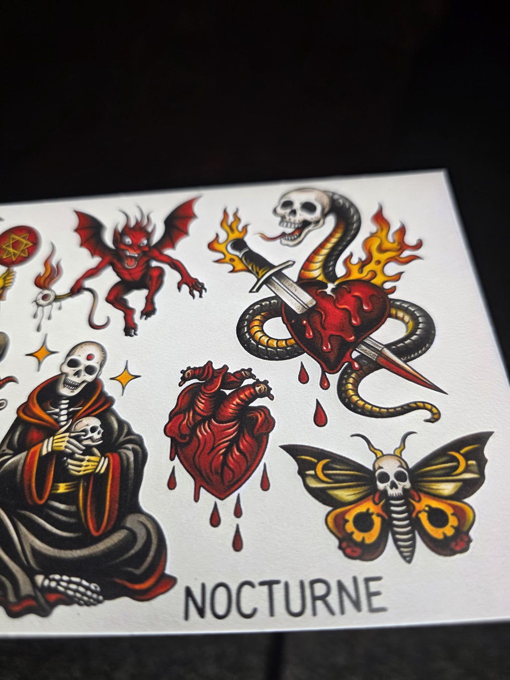 Nocturne | Dark Occult Tattoo Flash Sticker Sheet | Satanic Gothic Traditional Style