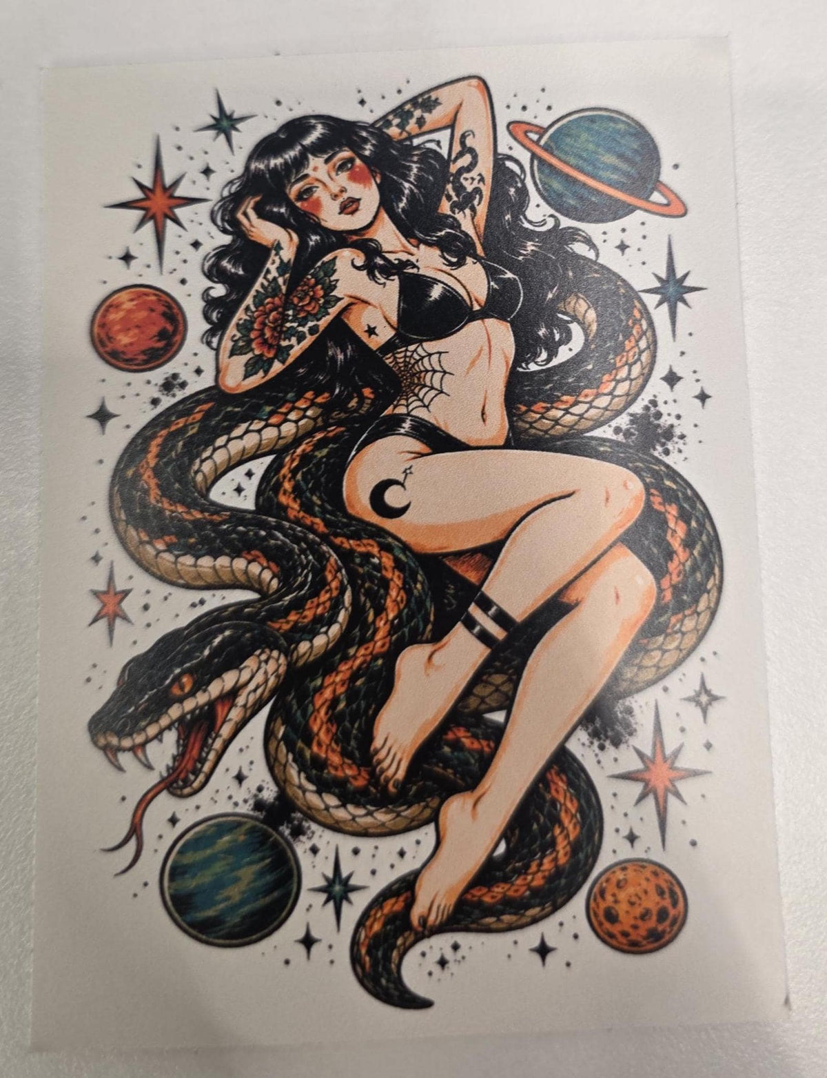 Cosmic Snake Goddess Sticker | Tattoo Flash Pin-Up Vinyl Sticker | Witchy Space Babe Art | Dark Feminine Traditional Tattoo Style Decal