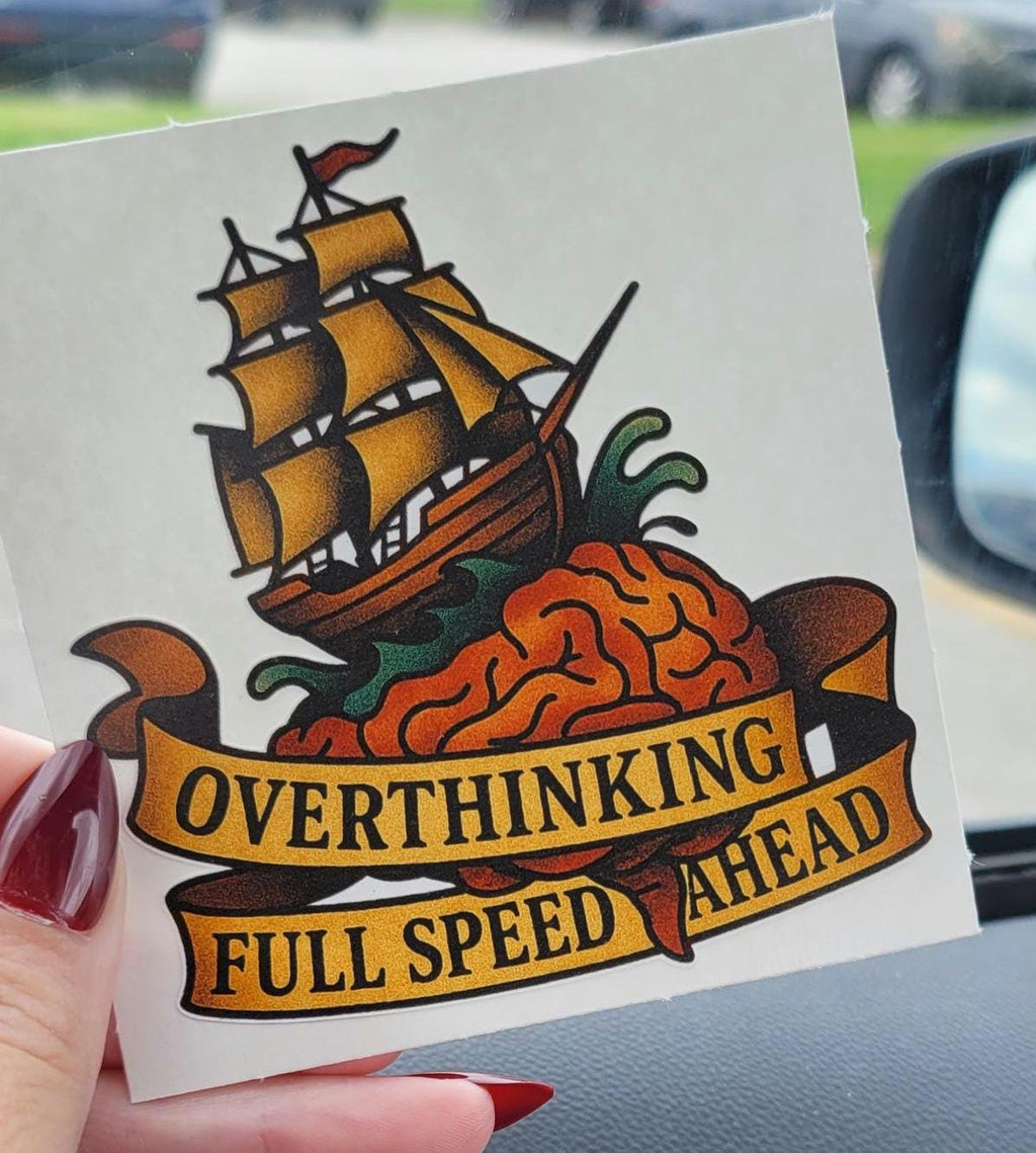 Funny Overthinking Sticker: Brain Ship Tattoo Vinyl Decal