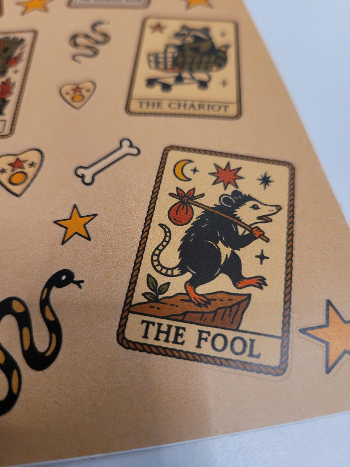 Witchy Tarot Critter Flash Sticker Sheet: Occult Cats, Skulls, Tarot, bones, snakes