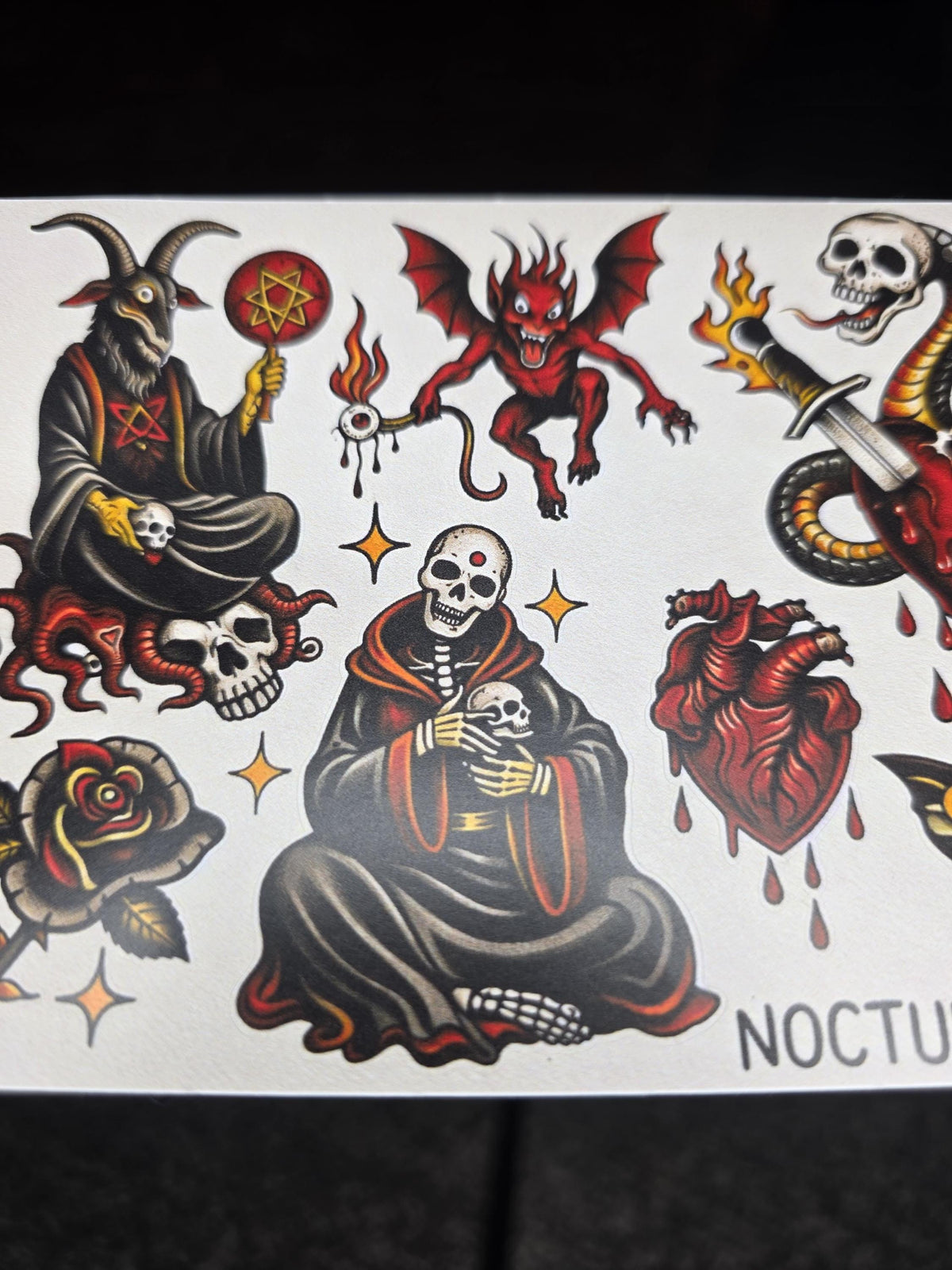 Nocturne | Dark Occult Tattoo Flash Sticker Sheet | Satanic Gothic Traditional Style