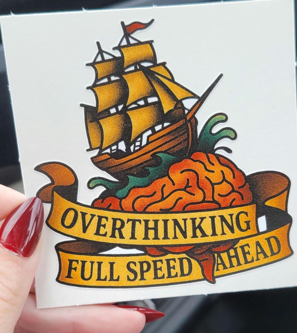 Funny Overthinking Sticker: Brain Ship Tattoo Vinyl Decal